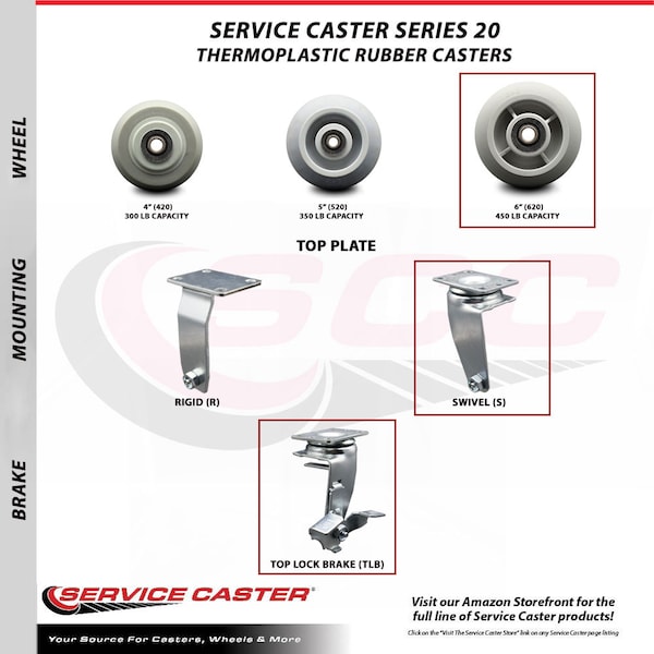 6 Inch Thermoplastic Rubber Caster Set with Roller Bearings 2 Brakes 2 Rigid
